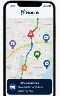 The Hannk app showing a live map with traffic congestion, a road closure and speed camera markers along the route