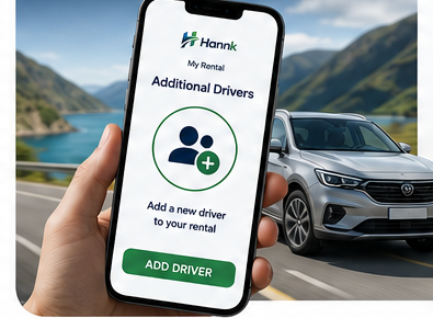 A customer adding an additional driver from the Hannk app on their phone, with their vehicle on the road behind them
