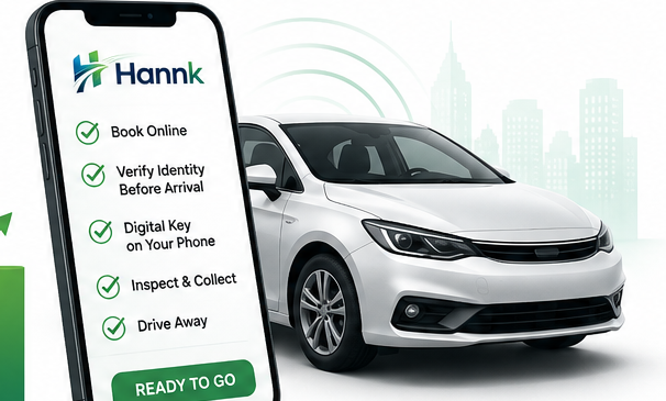 The Hannk app showing booking, identity verification, digital key and vehicle inspection steps, next to a rental vehicle