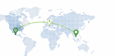 World map showing vehicle access being shared between two locations on opposite sides of the globe