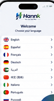 The Hannk app's language selection screen, showing a list of languages including English, Spanish, French, German, Arabic and Chinese