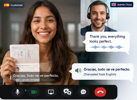 A live video call between a Spanish-speaking customer showing her documents and an English-speaking Hannk agent, with real-time translated captions on screen