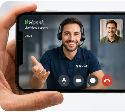 A customer on a live video call with a Hannk support agent, shown on their phone during a rental