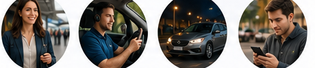 Four scenes where customers use live video support: at an airport, on the road, during a late-night return, and from any location