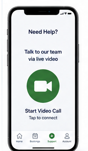The Hannk app's Support screen, showing a large Start Video Call button to talk to the team via live video