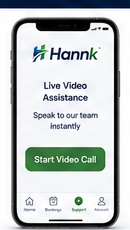 The Hannk app's Live Video Assistance screen with a single Start Video Call button