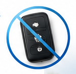 A traditional car key fob crossed out, representing the removal of physical keys from the rental process