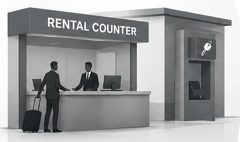 Illustration of a traditional staffed rental counter and collection kiosk