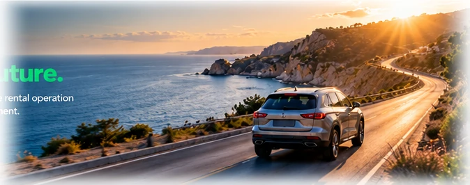 Rental vehicle driving a coastal road at sunset