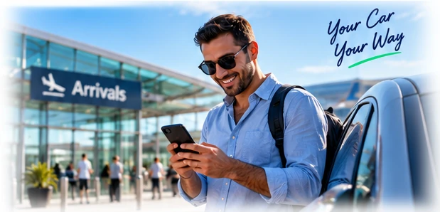 Traveller using a smartphone for a digital rental journey at an airport