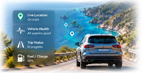 Connected rental vehicle on a coastal road with telematics context